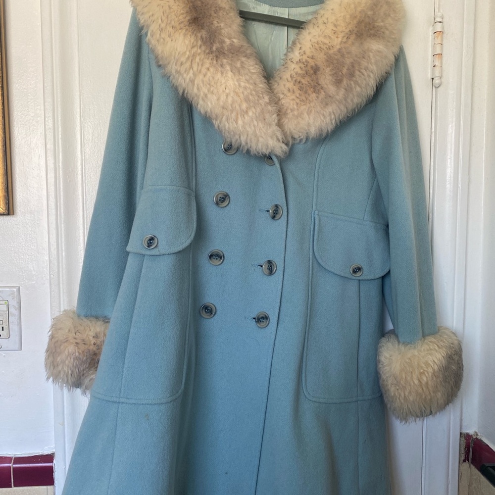 Vintage Powder Blue Faux Fur-Trimmed Women's Coat